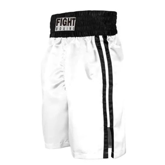 Man wearing black and white striped elastic waist kickboxing shorts in a training stance.