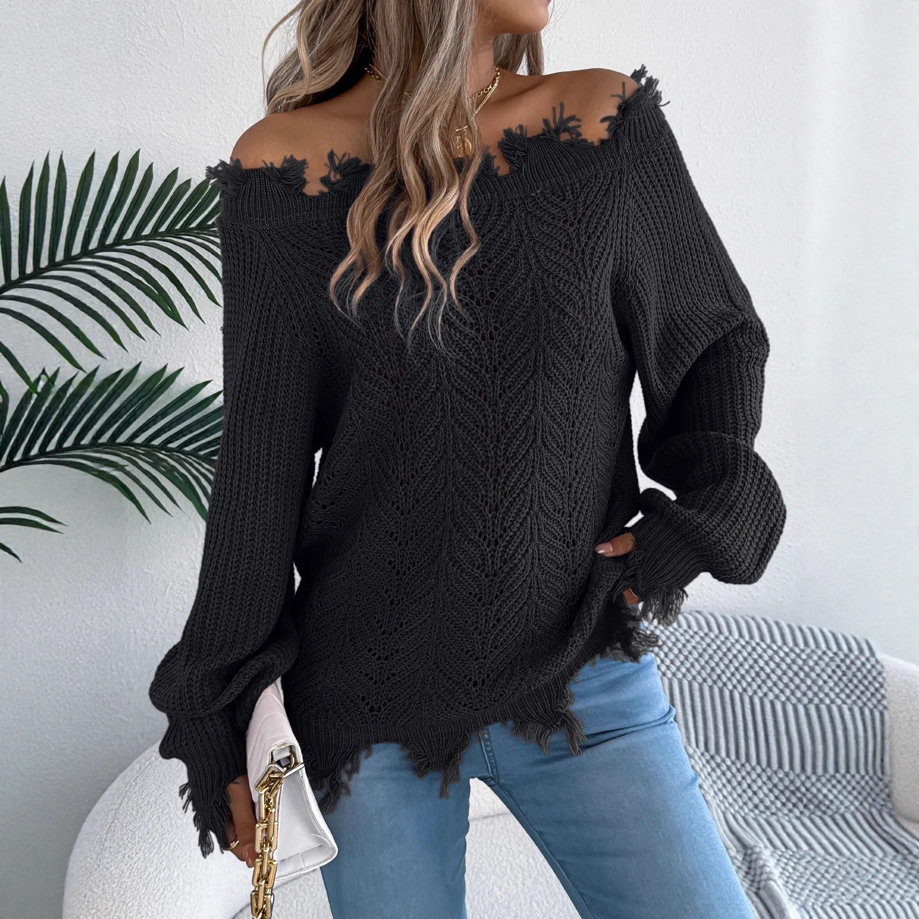 Hollow-out long-sleeved cut off-the-shoulder pullover sweater in artificial wool knit fabric