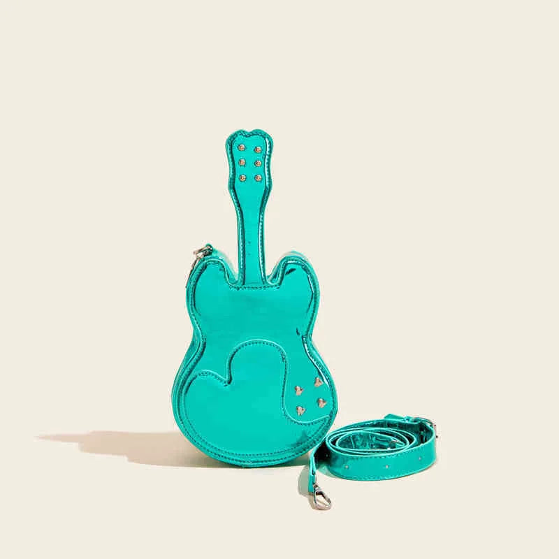 Guitar-shaped crossbody shoulder bag in silver, black, yellow, blue, or pink colour