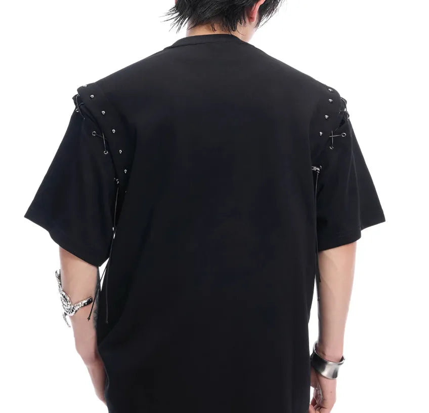 Black niche deconstruction short sleeve T-shirt with lace-up cutout design detail