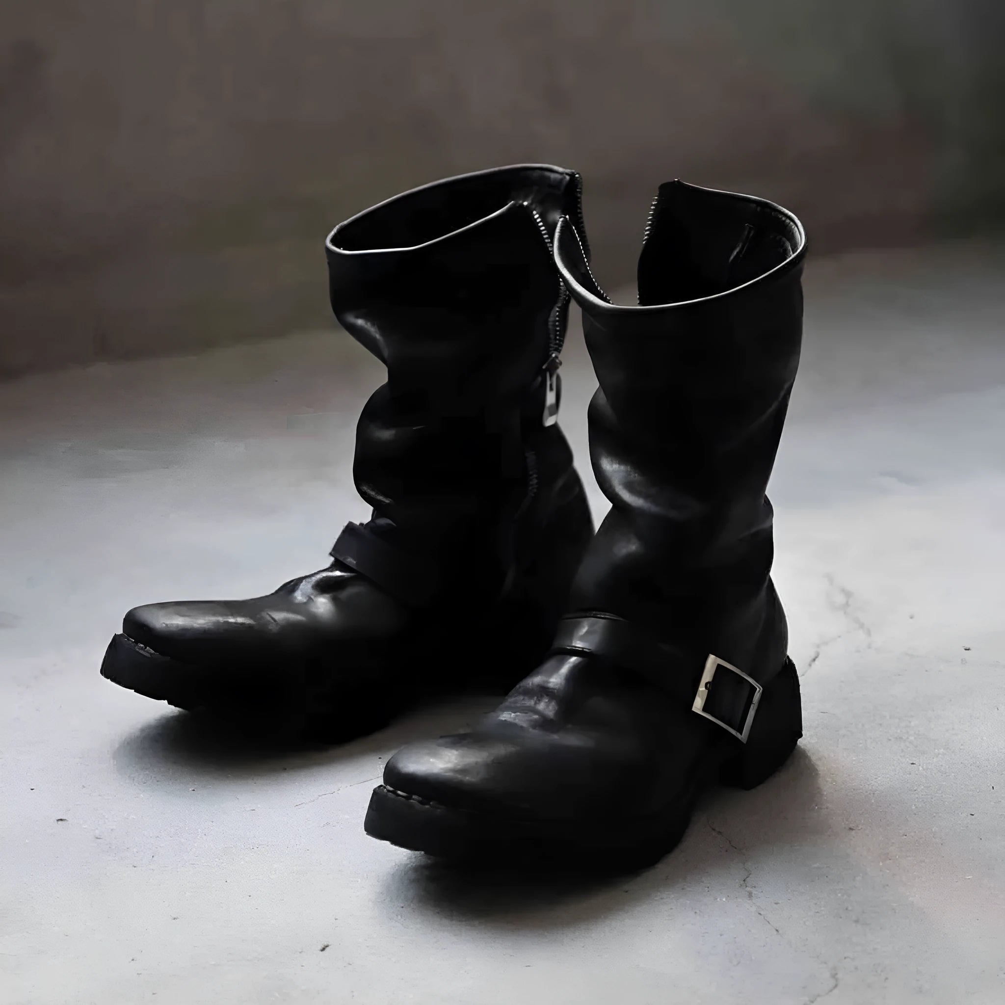 Men's dark retro Martin boots with zipper closure in black and leather black colours