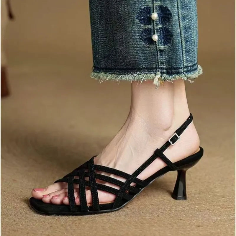 Retro soft leather thin cross straps high heel sandals with square toe and ankle buckle in beige black and light brown