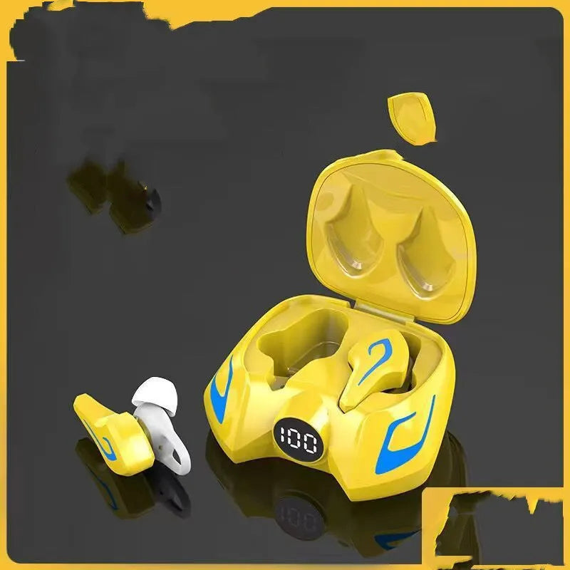 Wireless Bluetooth gaming headset with earplug design in black, dark grey, and yellow colour options