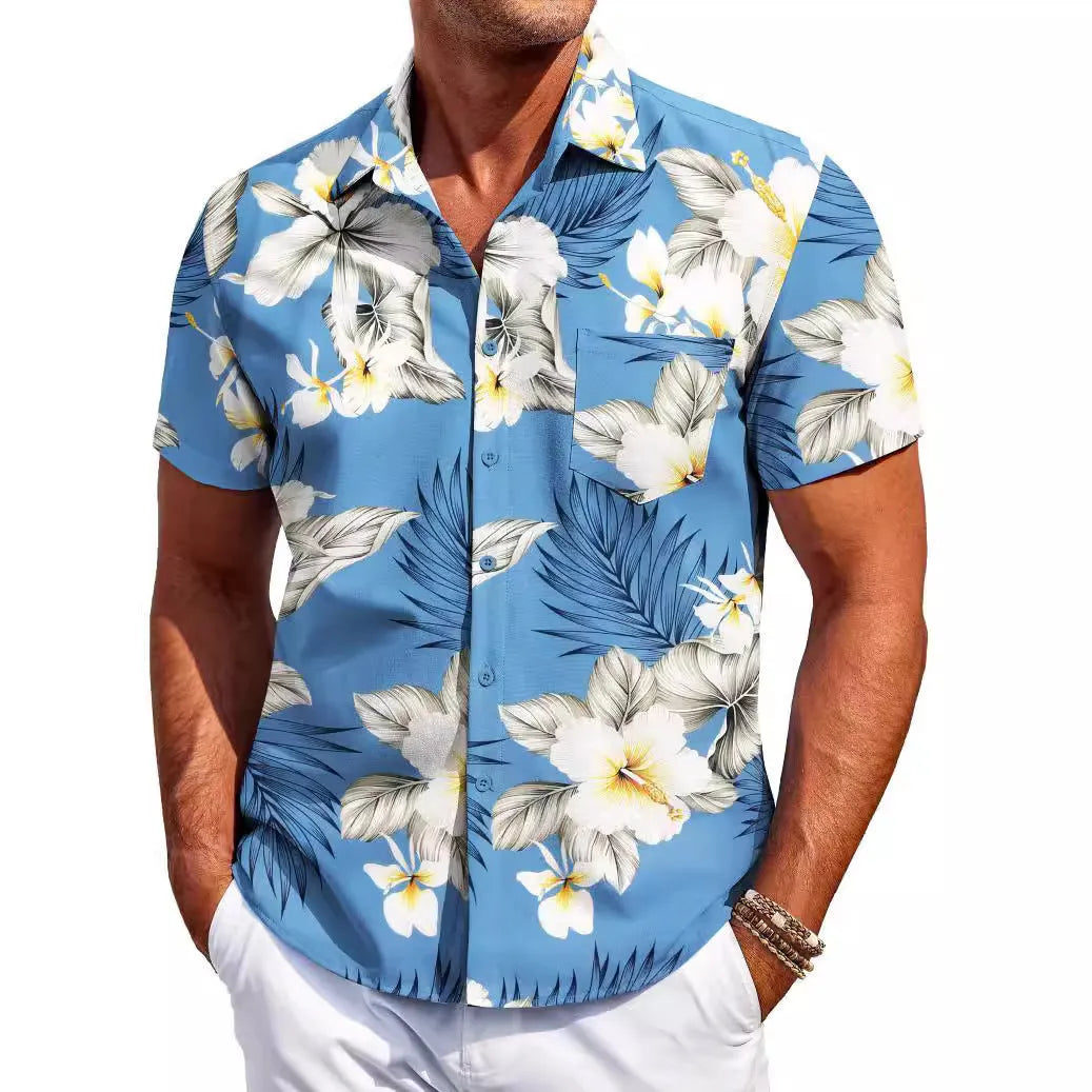 Men's slim fit Hawaiian-inspired cardigan shirt in elastic polyester fabric