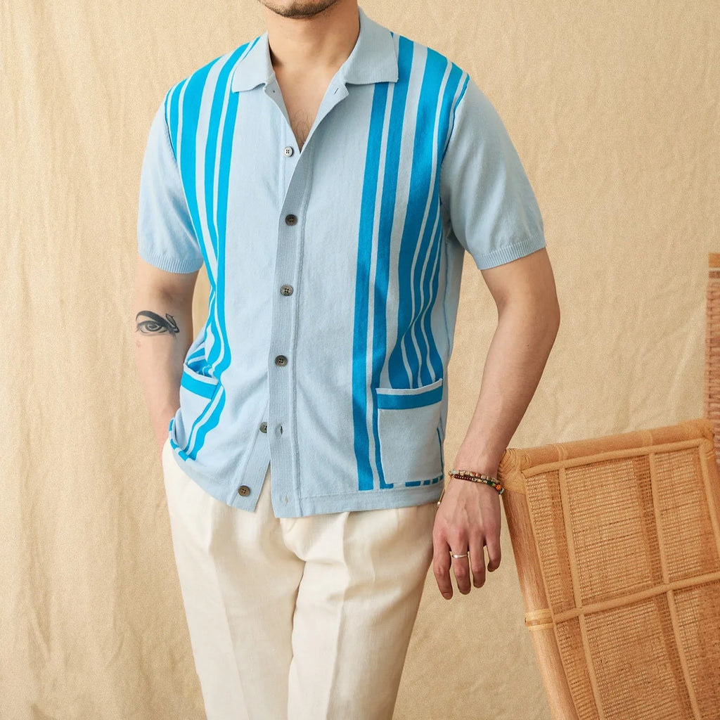 Cotton striped knitted cardigan polo shirt in light blue with lapel collar and short sleeves.