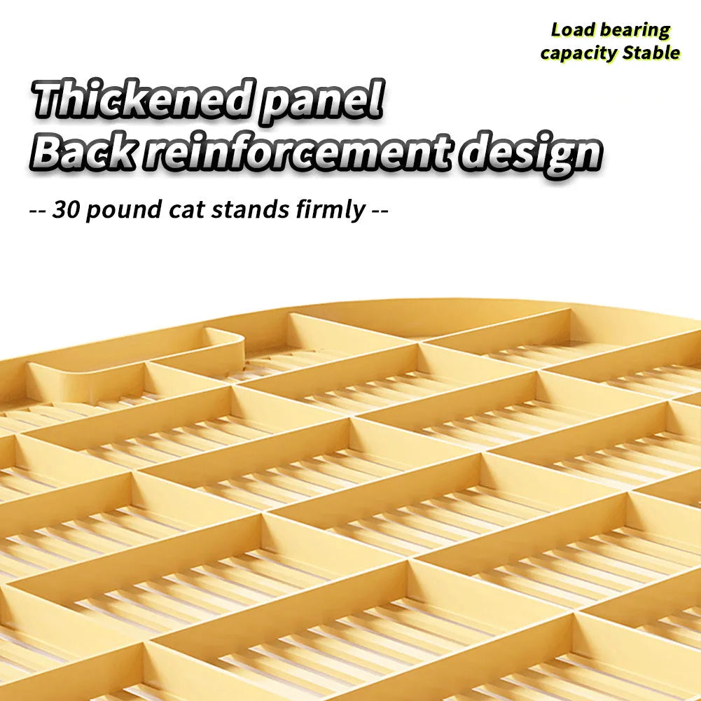 Milk yellow oversized plastic cat litter mat with anti-slip silicone feet on a floor next to a litter box.