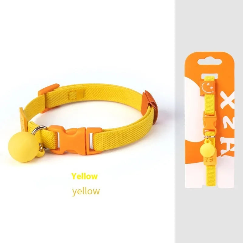 Small dog elastic polyester pet collar in seven colour options showing yellow, pink, and blue examples