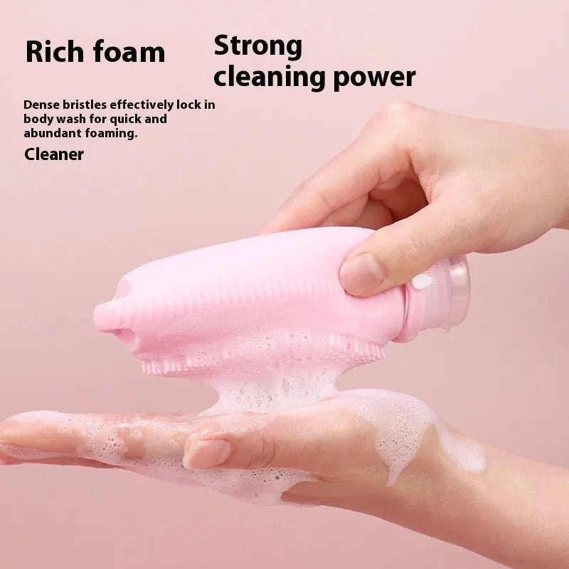 Silicone bath brush storage bottle in various colours showing 100ml capacity for bathroom organisation.