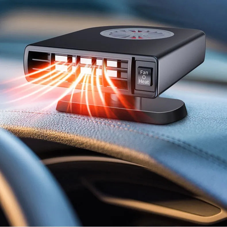 Black portable 12v car heater defogger with adjustable vents on a car dashboard.