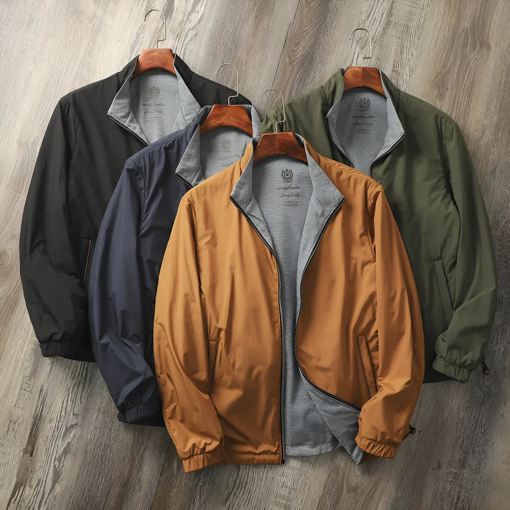 Men's stand collar jacket in polyester blend available in Army Green, Black, Blue and Orange colours