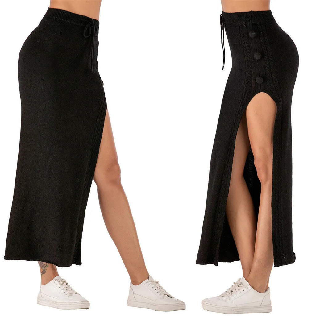 Women's slim-fit acrylic mid-length skirt with split design and elastic waistband in black, pink, or grey