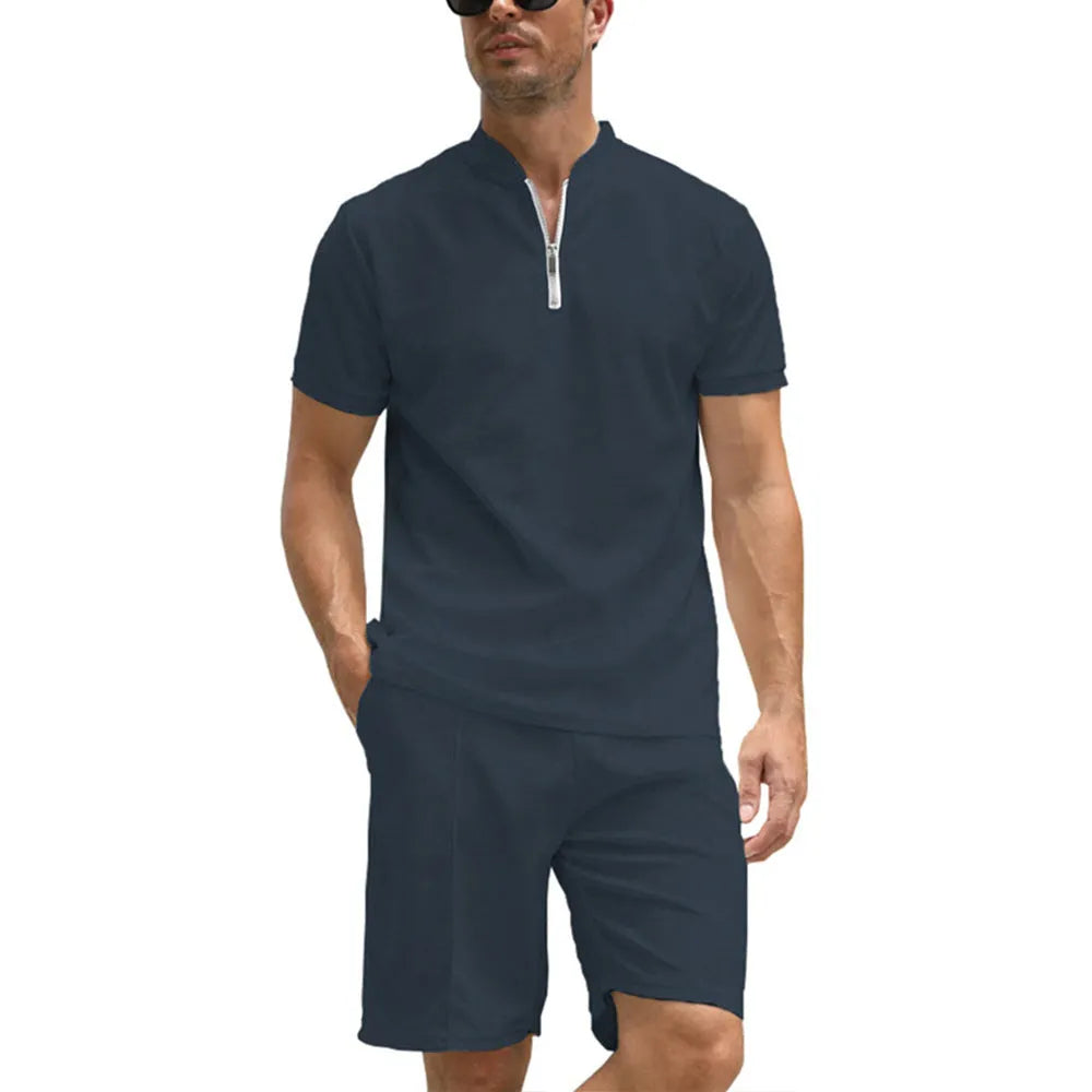 Men's solid colour polo shirt and shorts two-piece set in textured polyester fabric