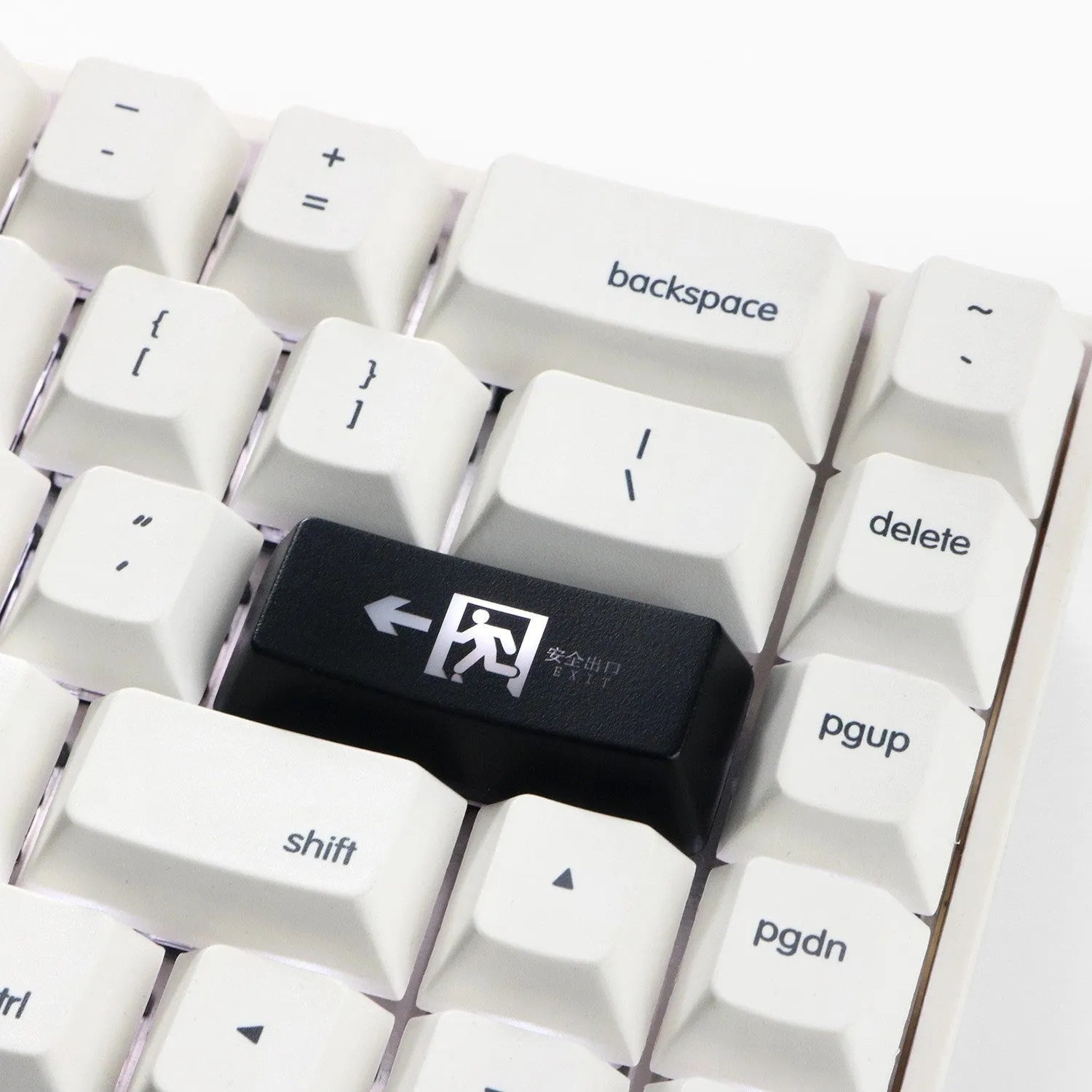 Safety evacuation exit key cap for mechanical keyboards in red and black colour options