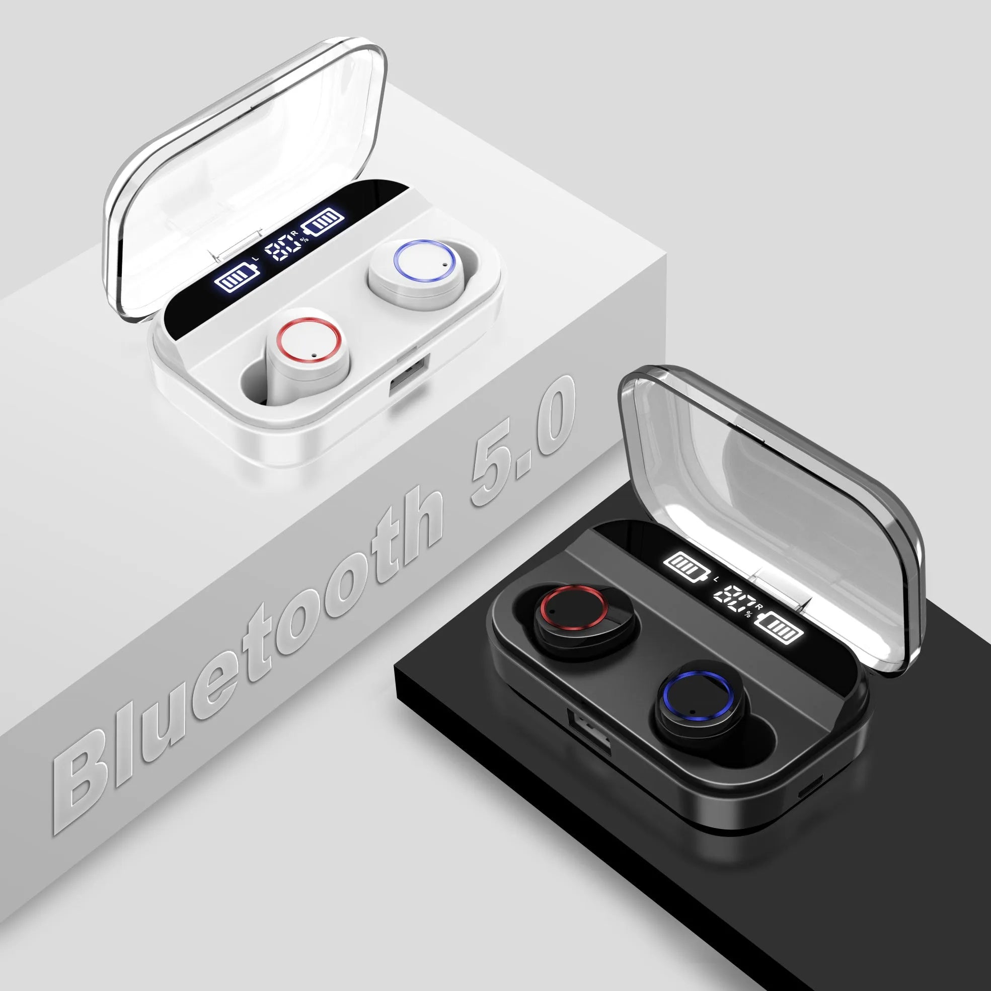 X11 black Bluetooth wireless earbuds with charging case showing touch controls and silicone ear sleeves