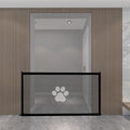 Portable folding dog barrier net with plastic support rods showing dog footprint pattern on doorsill
