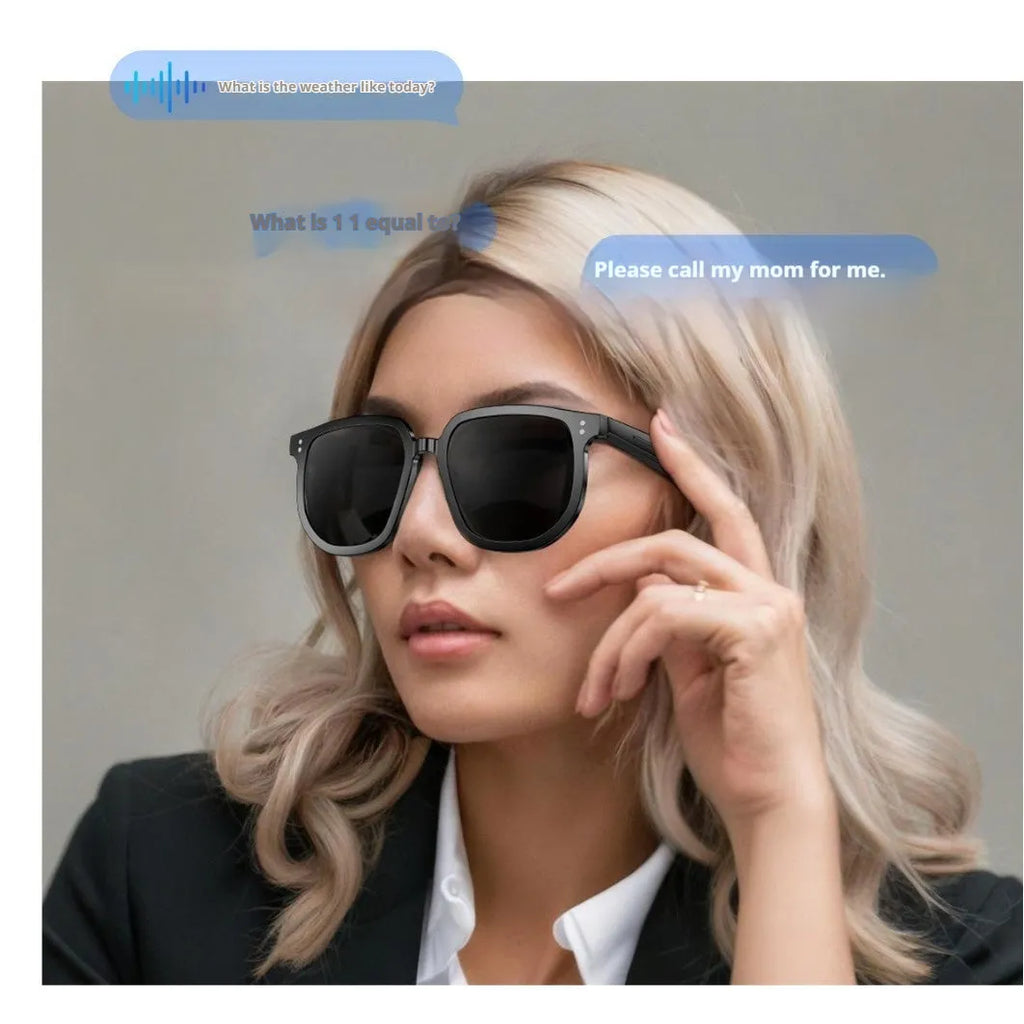 Black AI smart glasses with Bluetooth, touch controls, and UV protection lenses.