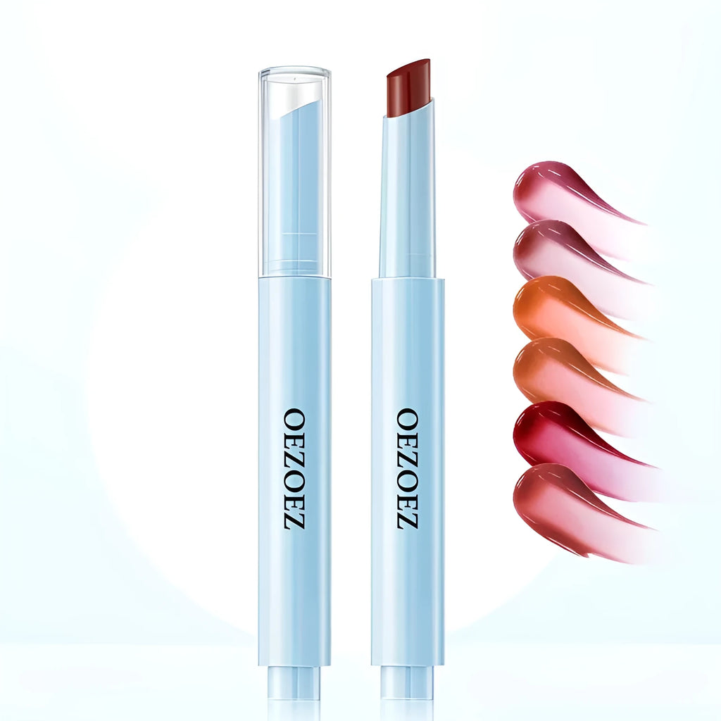 Waterproof moisturising lipstick bullet showing six colour options with 1.8g content