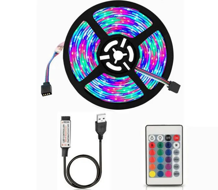 A flexible one-metre-long USB LED light strip showing multiple SMD5050 LEDs, coiled next to its USB plug.