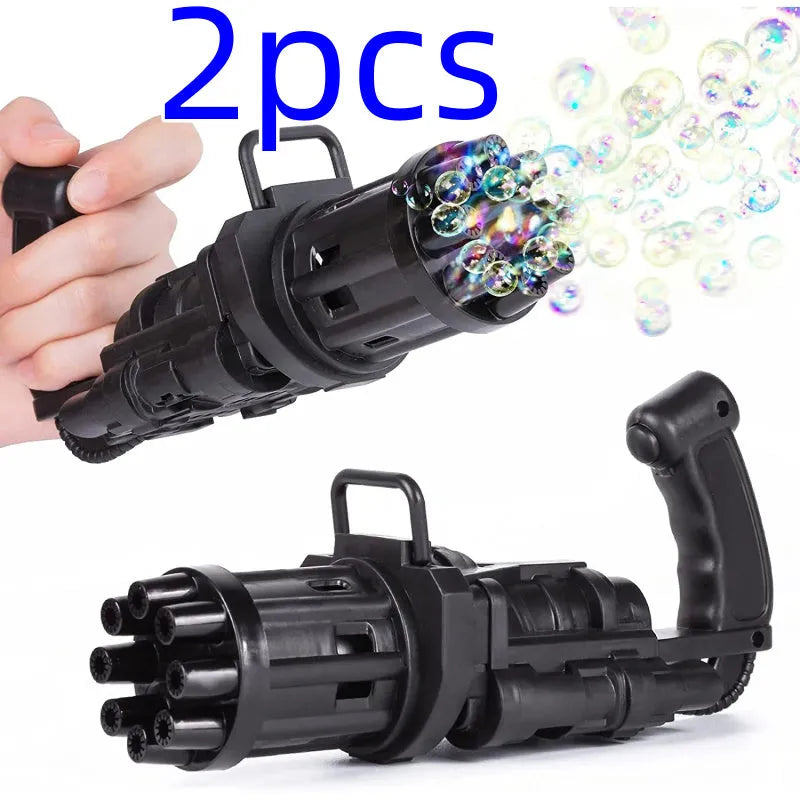 Kids handheld bubble machine gun toy in pink, gold, or black colours with removable bubble head.