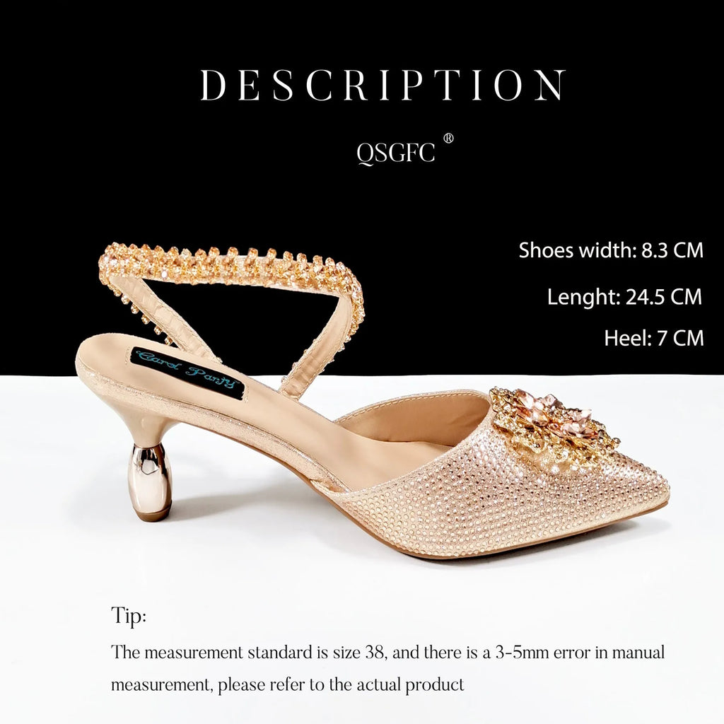 Women's high heel shoes with matching clutch bag featuring decorative flower buckle and ankle chain detail