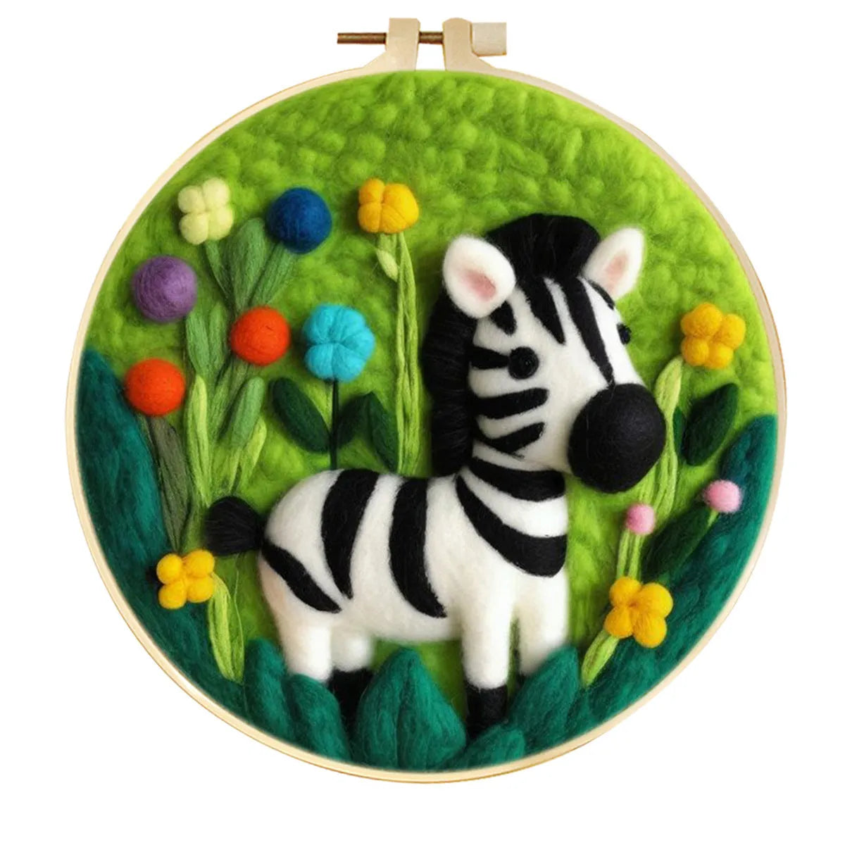 Round linen embroidery kit with wool felt pieces for 3D flowers and leaves, includes a free frame.
