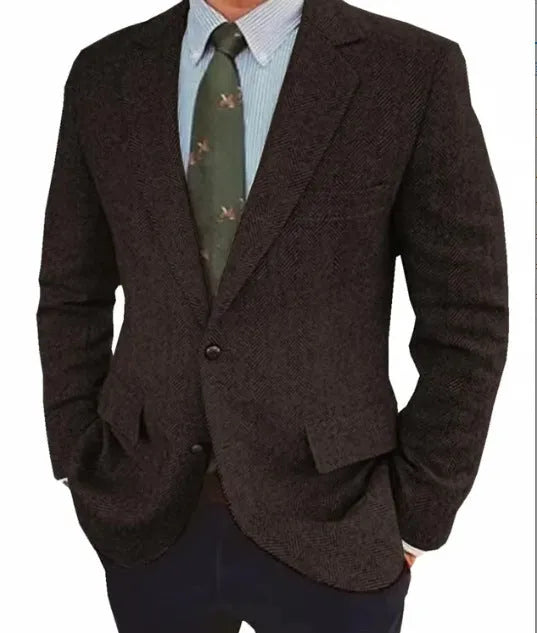 Men's brown herringbone business casual suit jacket with retro styling and long sleeves