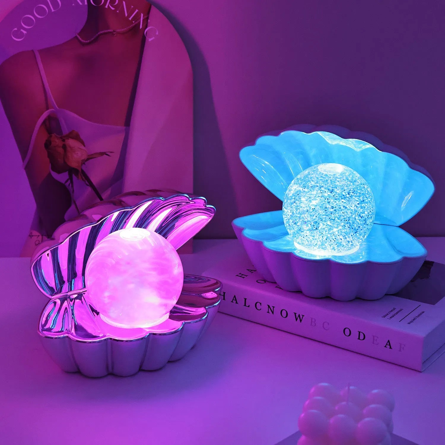 Shell-shaped decorative night lamp with neon ambience lighting in three colour variations