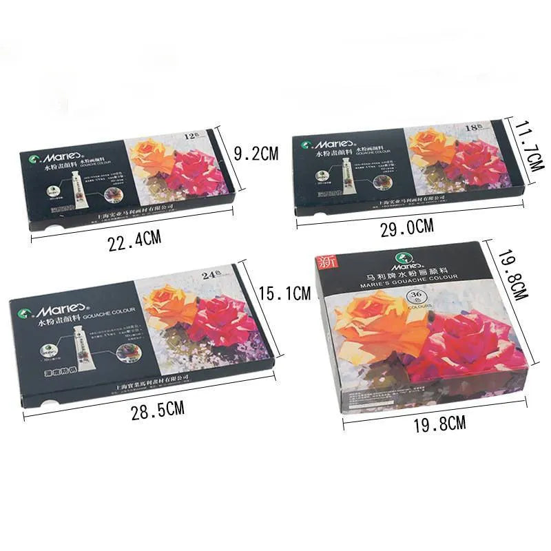 Gouache paint set showing tubes in a box, available in 12, 18 and 24 colour options.