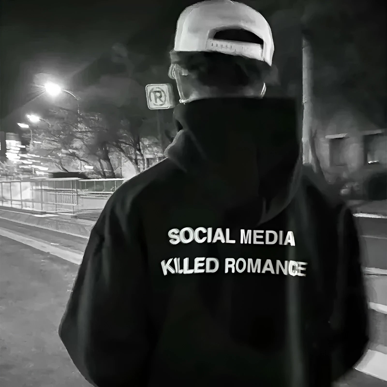 Slim fit men's grey hoodie with a white spring letter pattern print on the front, featuring a hood and long sleeves.
