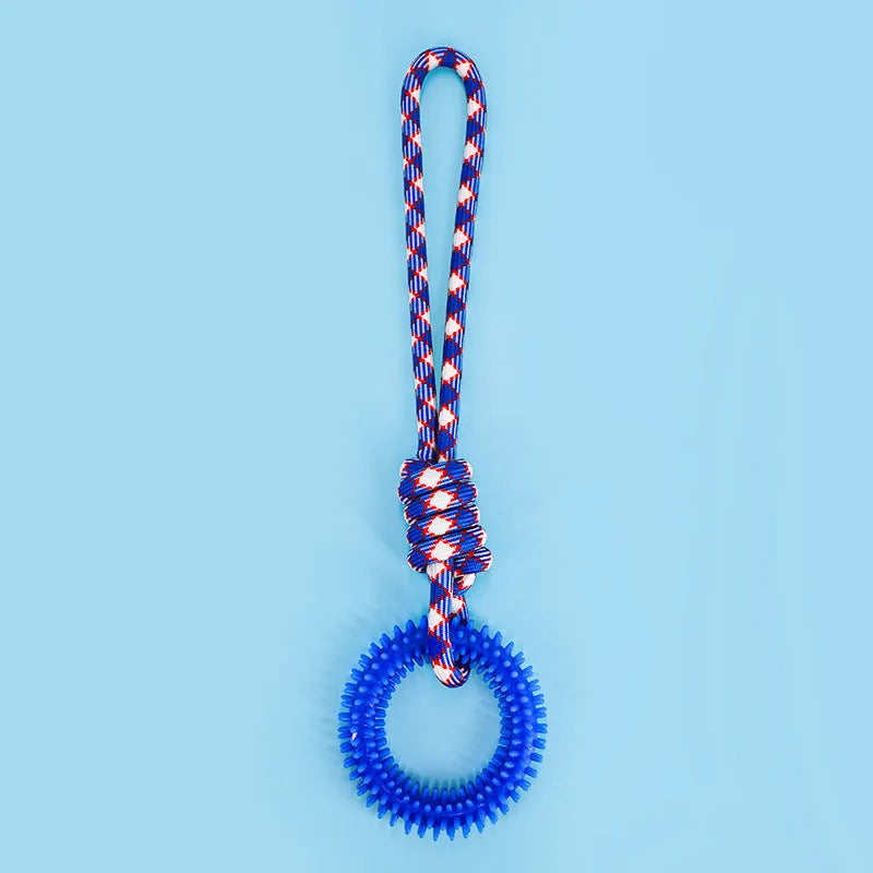43 cm long braided rope dog chew toy with multiple knots in Blue, Red, and Rose Red colour options