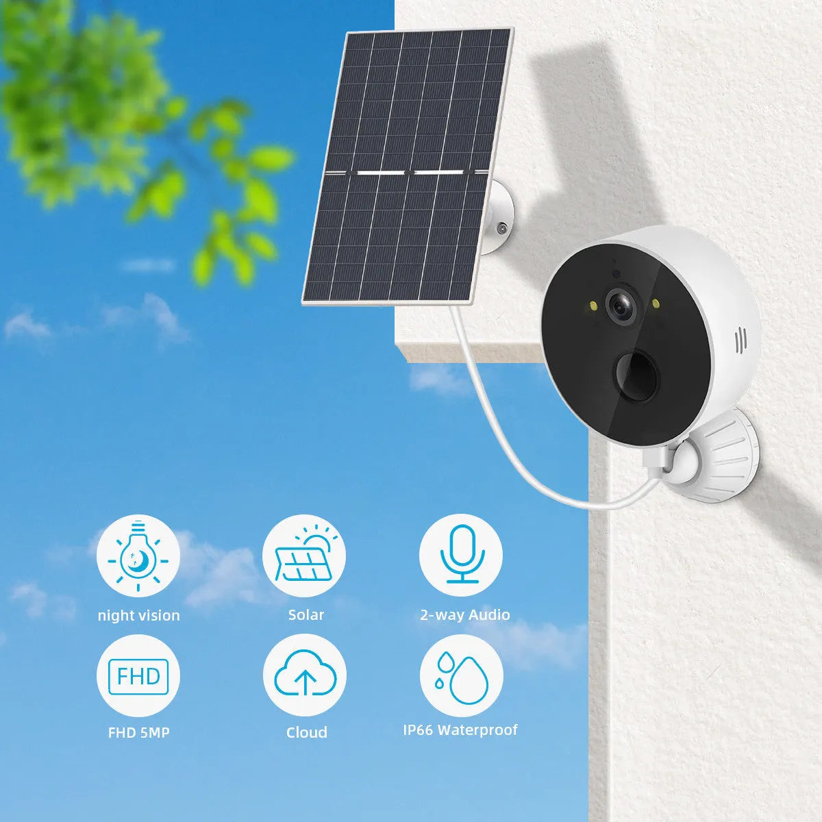 Solar-powered outdoor security camera with separate solar panel for wireless monitoring