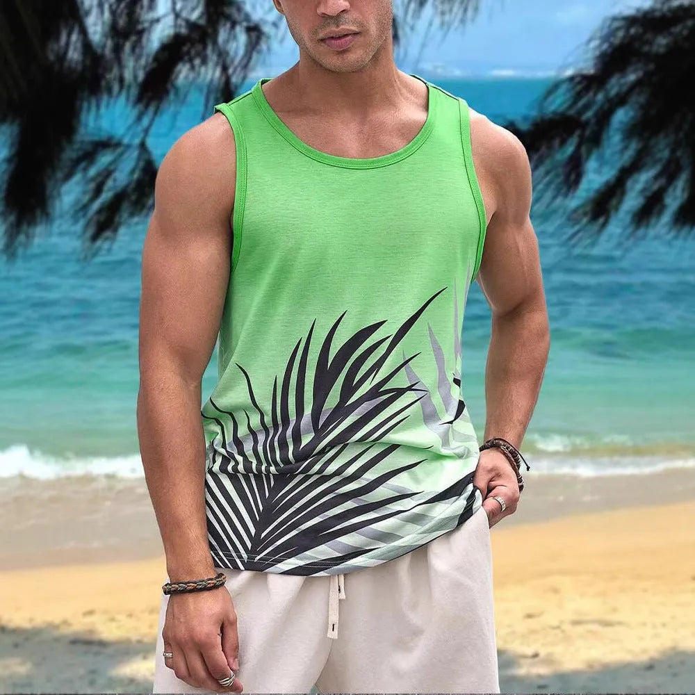 A man's solid colour Hawaiian-style sleeveless vest or tank top made from breathable pinhole cloth.