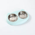 Macaron-style plastic pet feeder with two bowls in blue, green or pink colours