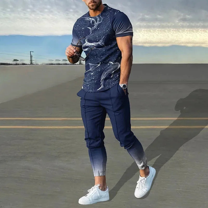 Men's short-sleeved round neck pullover and matching trousers sportswear set in polyester blend fabric