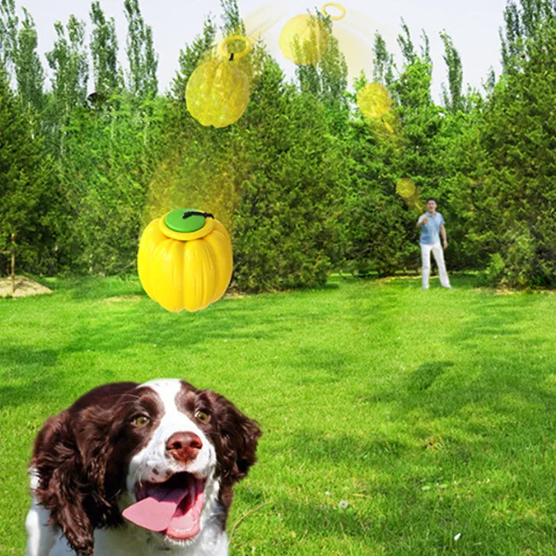 Green, orange, and yellow pumpkin-shaped squeaker dog ball toy for small dogs, shown with size scale.