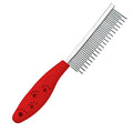 Red pet grooming comb with stainless steel short and long teeth and a plastic anti-slip handle.
