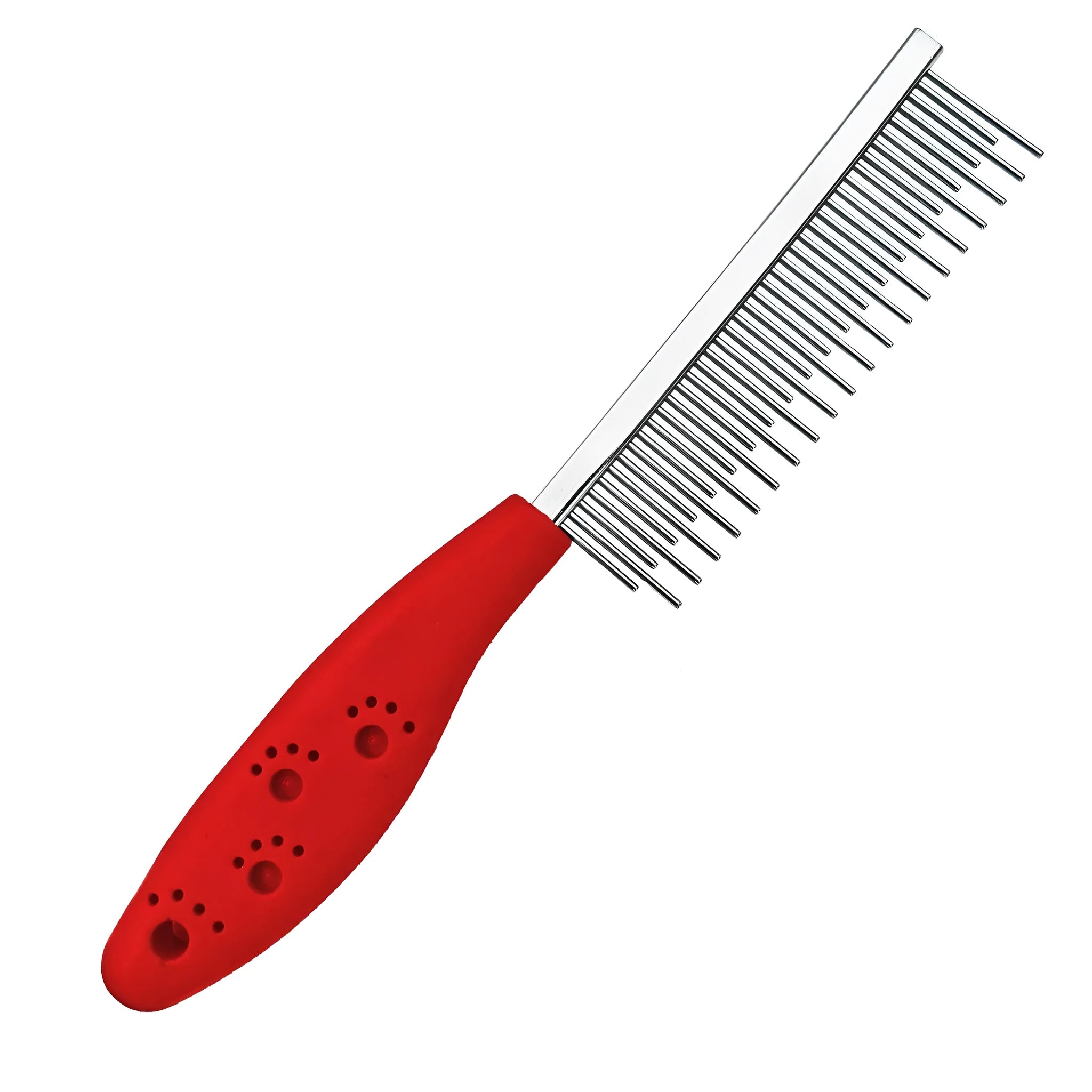 Red pet grooming comb with stainless steel short and long teeth and a plastic anti-slip handle.