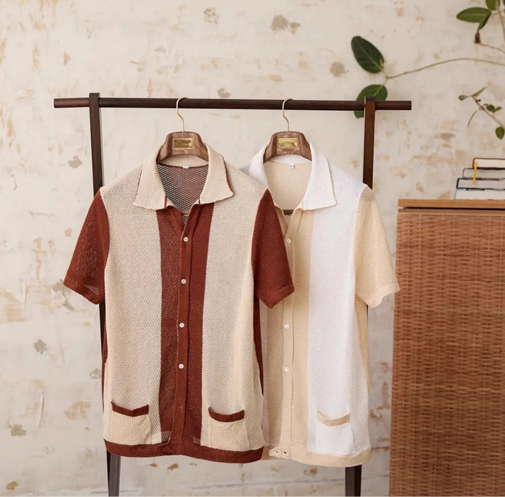 Beige short-sleeved knitted cardigan with lapel collar made from cotton linen blend fabric