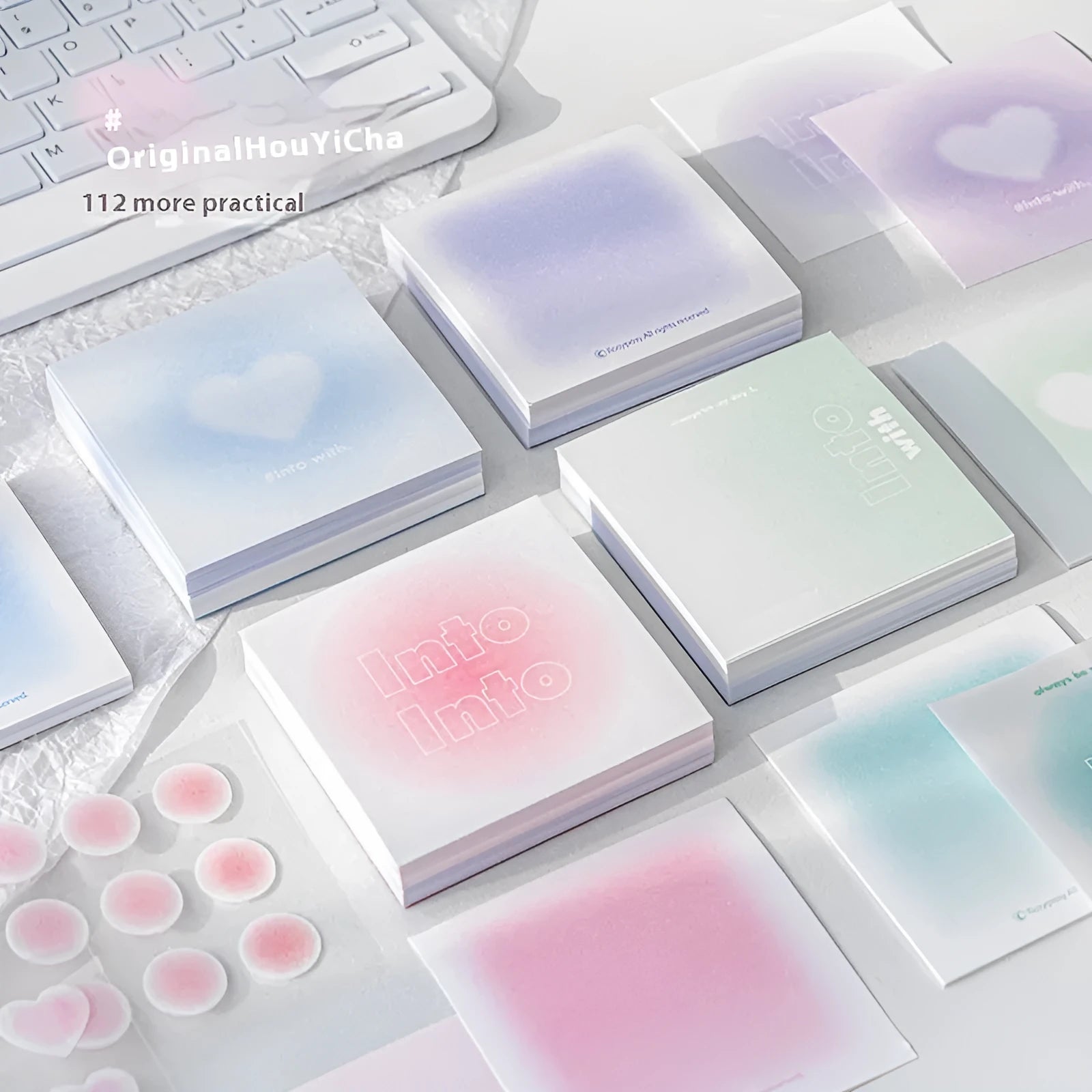 Square gradient parchment notepad with sticky notes and memo sheets in 70mm size.