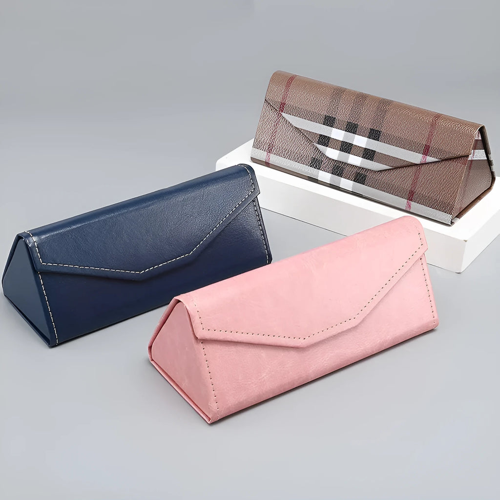 Handmade triangular folding glasses case in PU cowhide, shown open and closed, with colour options displayed.