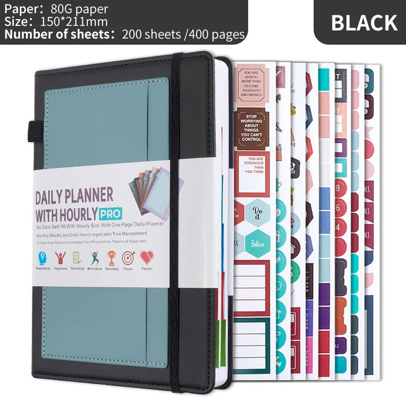 PU leather notebook with strap closure, shown open on 80g wood-free paper, available in purple, green, gray, black, pink, and orange.