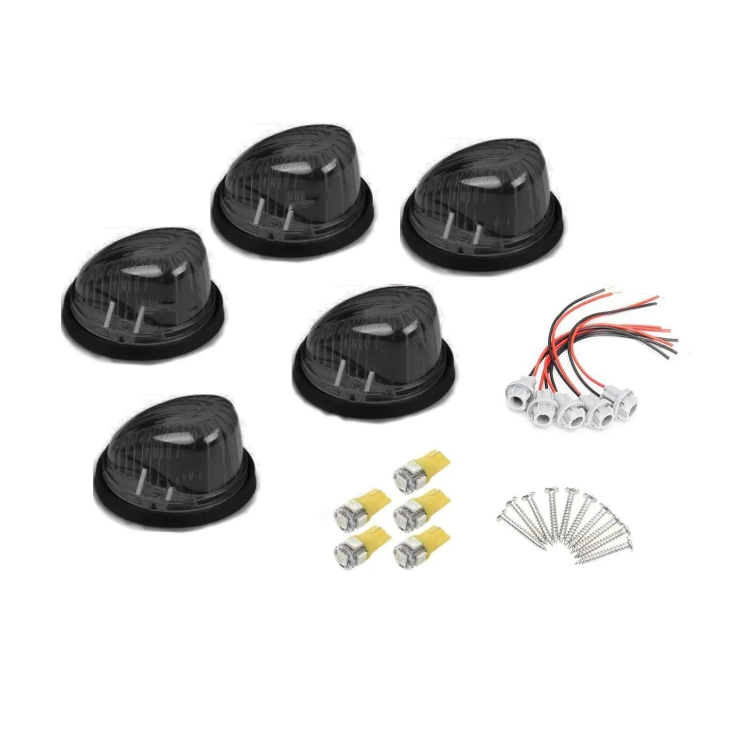 Five-piece LED roof cab marker light kit with yellow, black, and transparent lenses and T10 bulbs