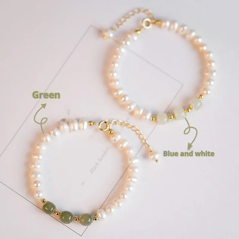 Freshwater pearl bracelet with diamond-shaped design in Hetian jade electroplated colours