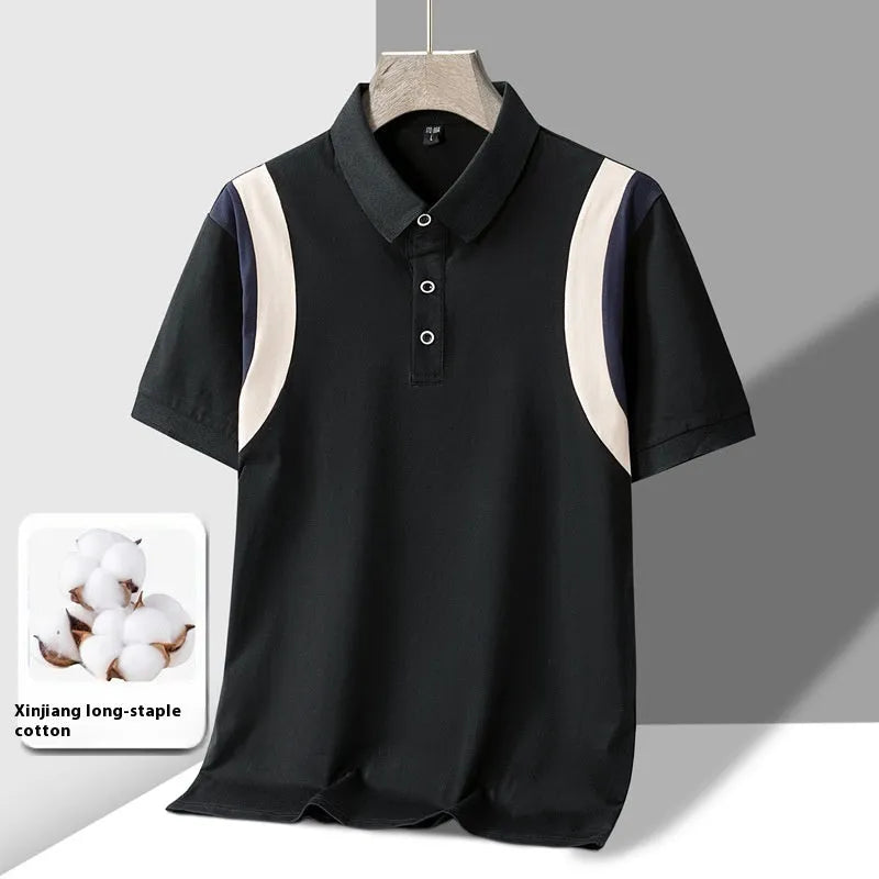 Men's striped business lapel short-sleeved t-shirt in thin cotton fabric, Korean loose fit