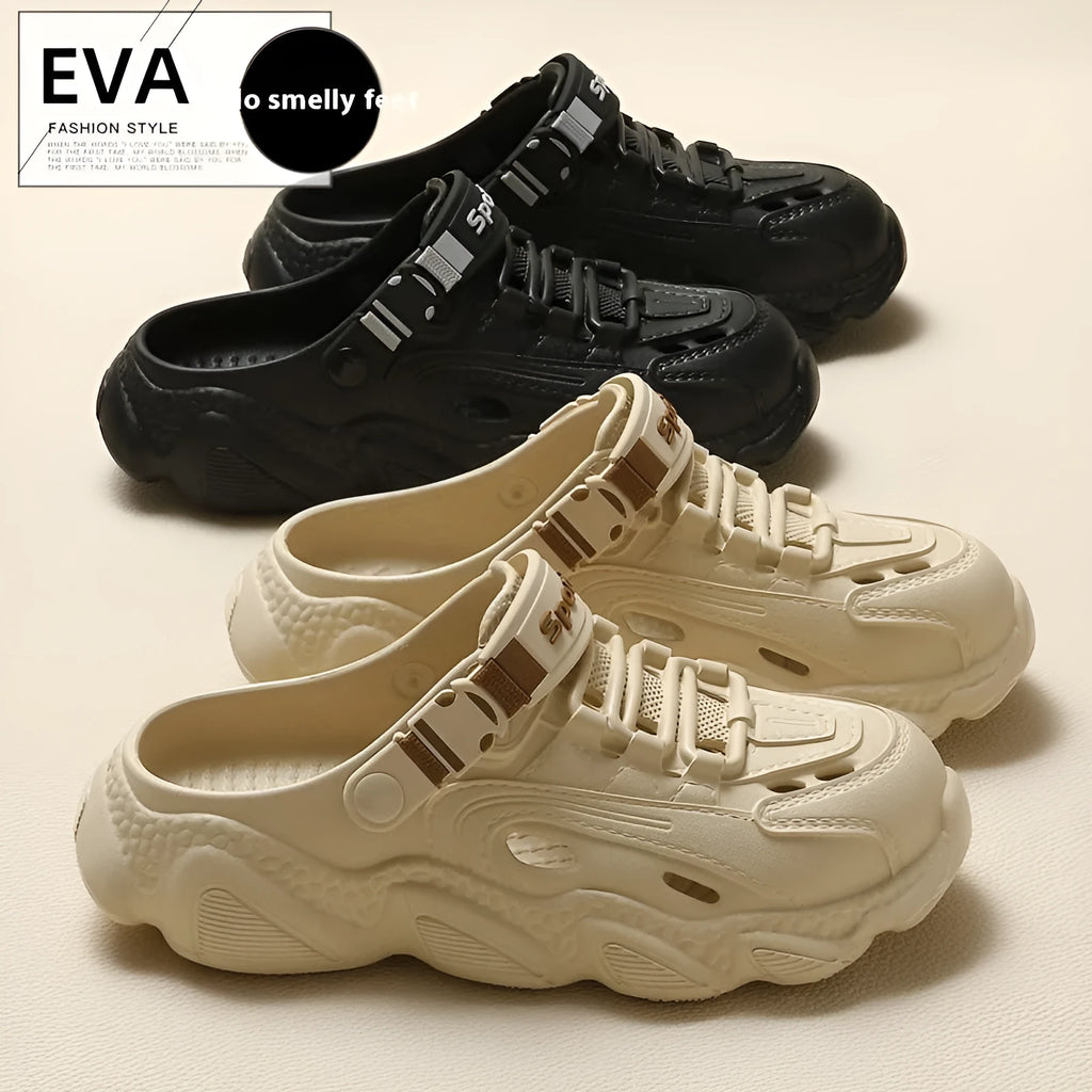 Men's khaki outdoor summer slippers with hollow-out design and lightweight EVA sole.
