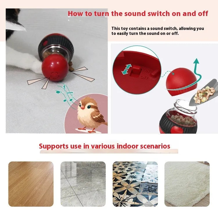 Rotating plastic cat toy ball with food dispensing mechanism and sound effects in super ball colour