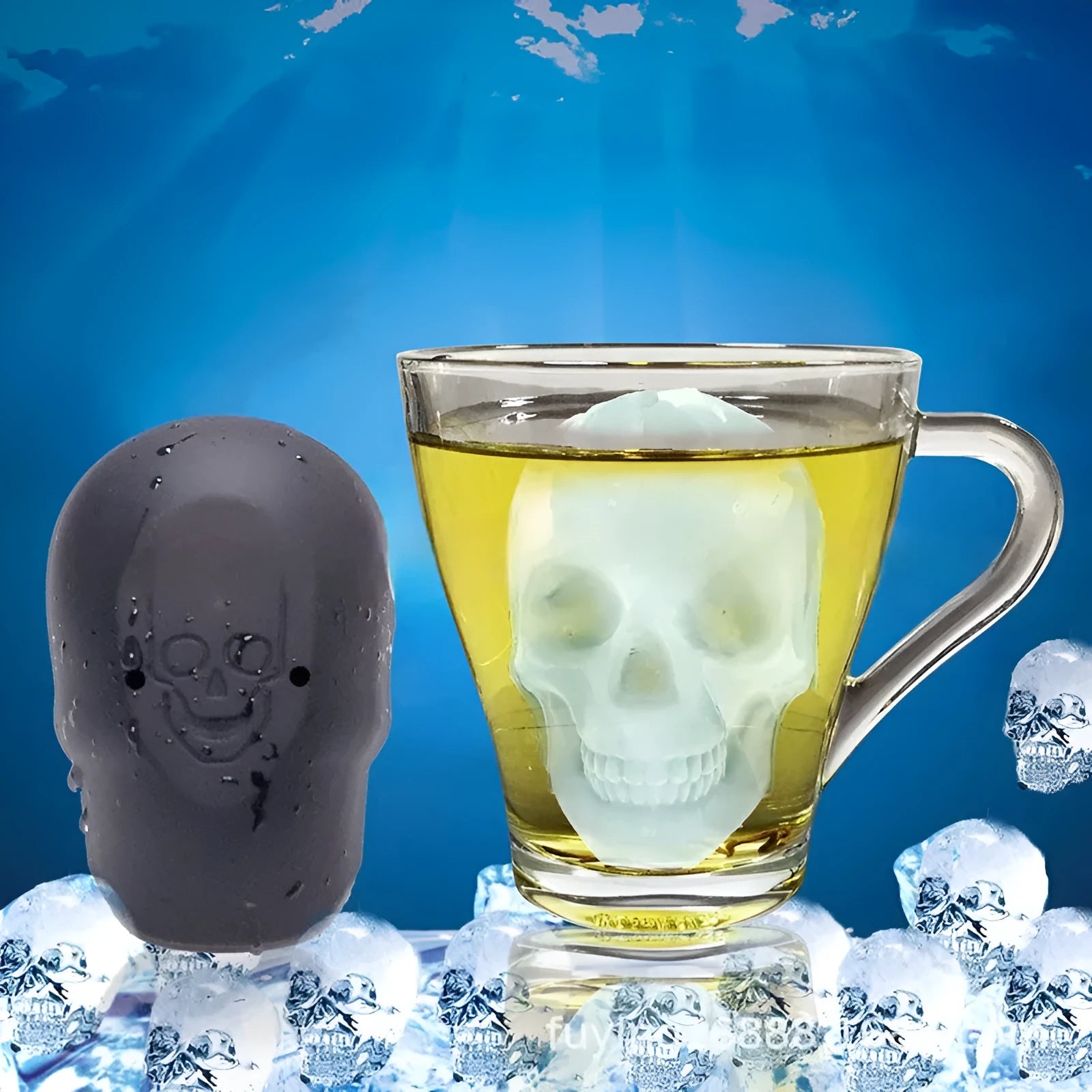 Halloween ice cube tray creating 3D skull-shaped ice moulds from food-grade silicone