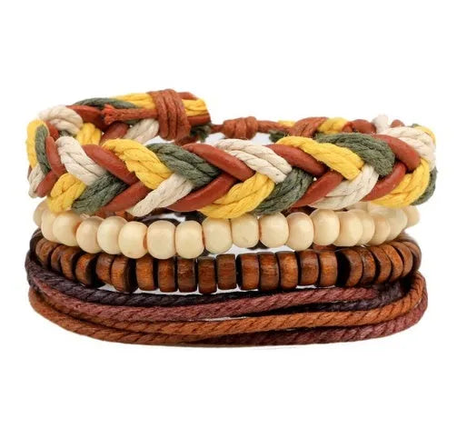 Handmade leather wrap bracelet with wooden beads and adjustable closure for men and women