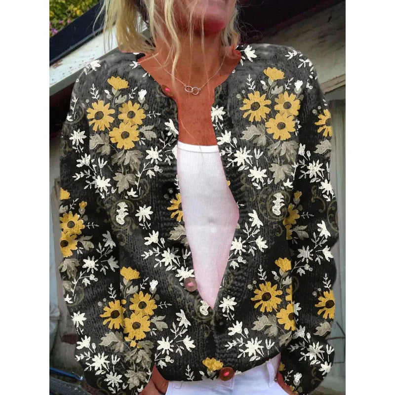 Yellow women's cardigan knitted coat with a raised 3D digital pattern, shown with regular sleeves.
