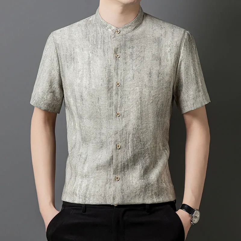 Men's loose fit short sleeve linen shirt in cardigan style with a stand collar.